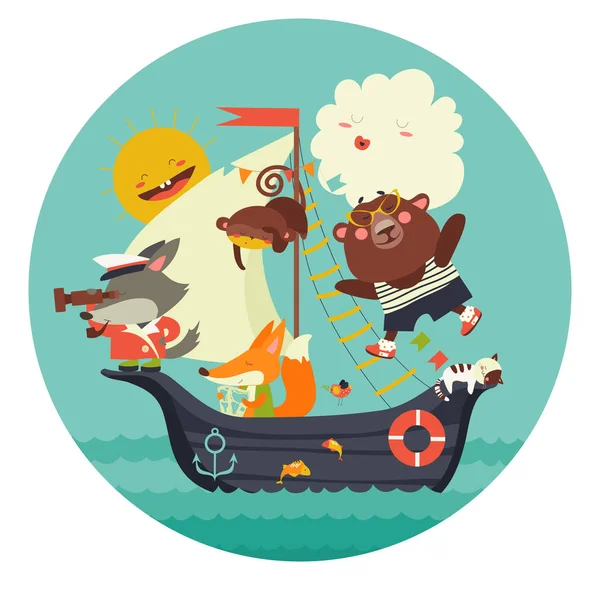 Милые животные, путешествующие на корабле по морю — стоковый вектор