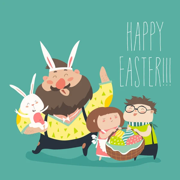 Padre feliz con los niños celebrando la Pascua — Vector de stock