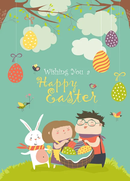 Χαρούμενα παιδιά, κρατώντας ένα καλάθι με αυγά του Πάσχα — Διανυσματικό Αρχείο