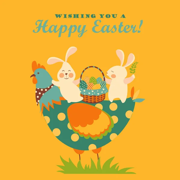 小兔子、 鸡和复活节鸡蛋 — 图库矢量图片