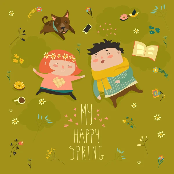 Copii fericiți întinși pe iarba de pajiști plină de flori de primăvară — Vector de stoc