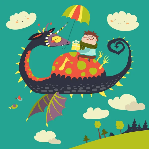 Petit garçon assis sur le dragon — Image vectorielle