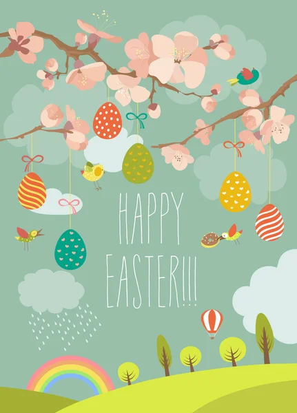 Paskalya yumurtaları ile bahar çiçek açan ağaç — Stok Vektör