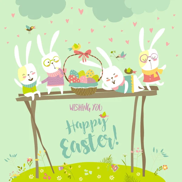 Coniglietti divertenti che celebrano la Pasqua — Vettoriale Stock