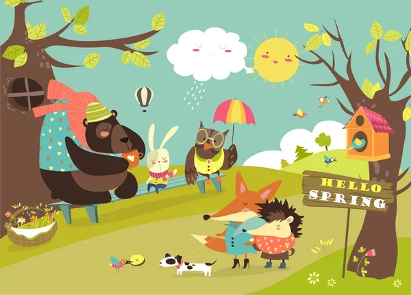 Animales lindos caminando en bosque de primavera — Vector de stock