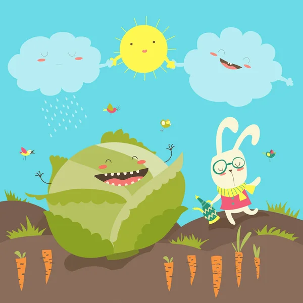 Pequeño conejo y campo de repollo — Vector de stock