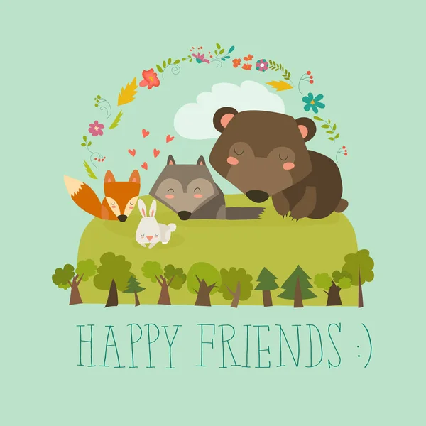 Des amis heureux dans la forêt. Ours, renard, loup lapin — Image vectorielle