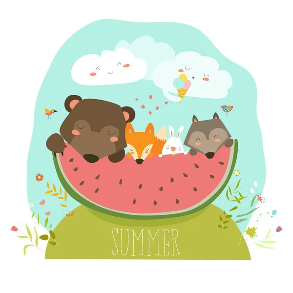 Niedliche Tiere, die Wassermelonenscheiben essen. Hallo Sommer — Stockvektor