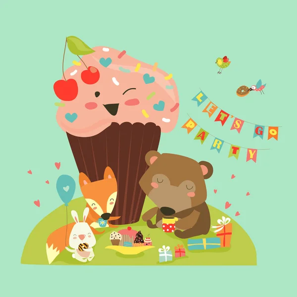 Fondo de cumpleaños con animales felices — Vector de stock