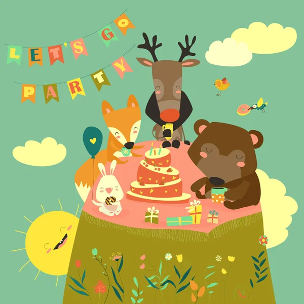 幸せな動物と誕生日の背景 — ストックベクタ