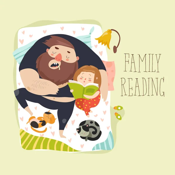 Мила дочка читає розповідь про ліжко батькові — стоковий вектор
