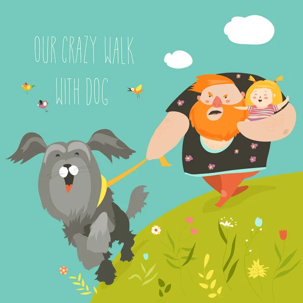 Baba ile kızı ile onların çılgın köpek yürüyüş — Stok Vektör