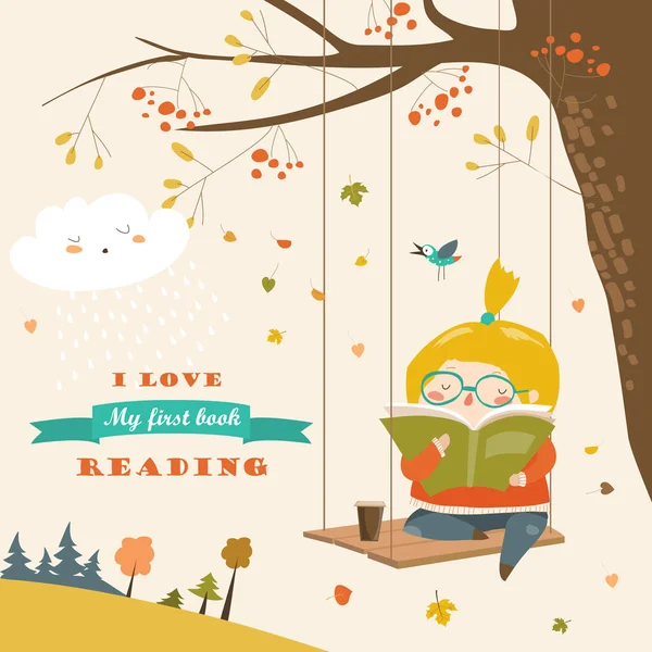 Gadis manis berayun dan membaca buku di taman musim gugur - Stok Vektor