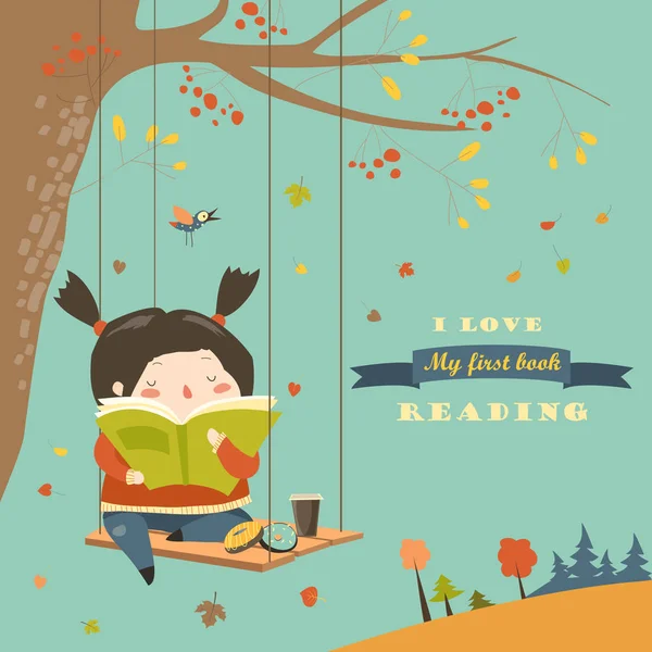 Aranyos lány lengő és Olvasson egy könyvet őszi park — Stock Vector