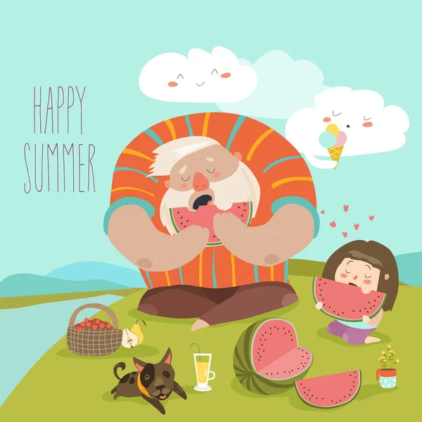 Vader en dochter eten watermeloen op picknick — Stockvector
