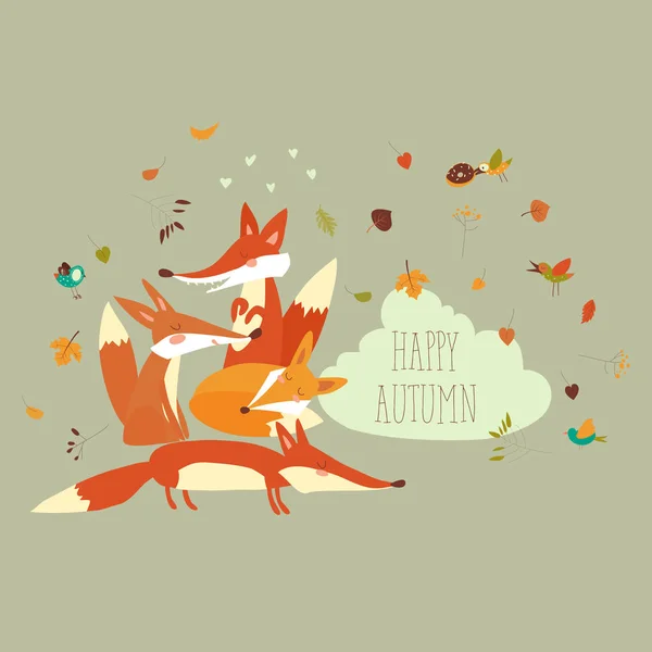 Cute forest foxes with autumn leaves — Stock Vector