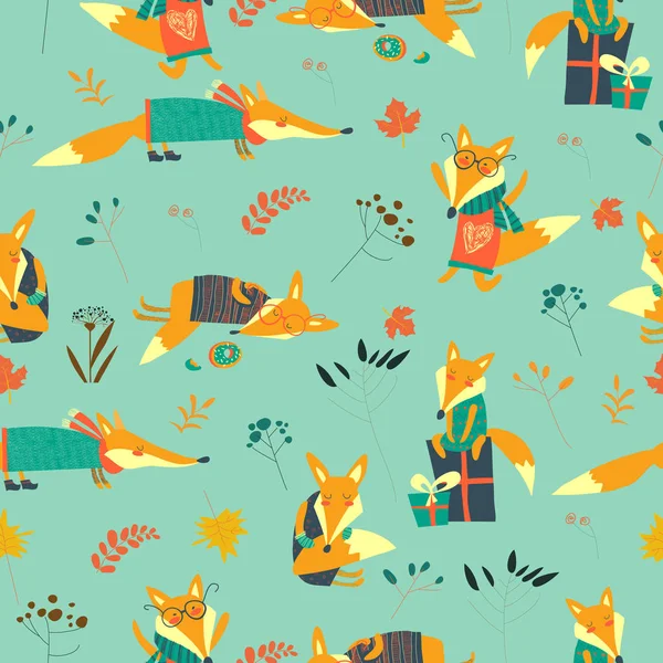Niedliche Füchse nahtloses Muster mit Herbstblättern — Stockvektor