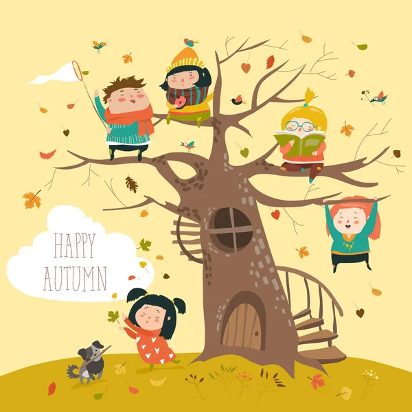 Anak-anak bahagia duduk di pohon di taman musim gugur - Stok Vektor