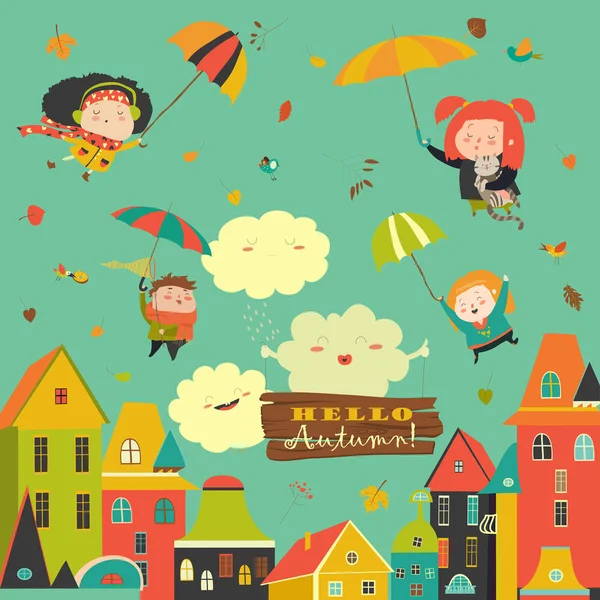 Crianças felizes voando com guarda-chuvas sob a cidade — Vetor de Stock