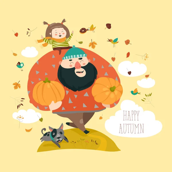 Dad and his daughter with pumpkin — Stock Vector