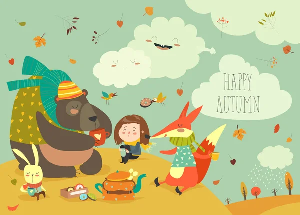 Kız piknikte hayvanlarla