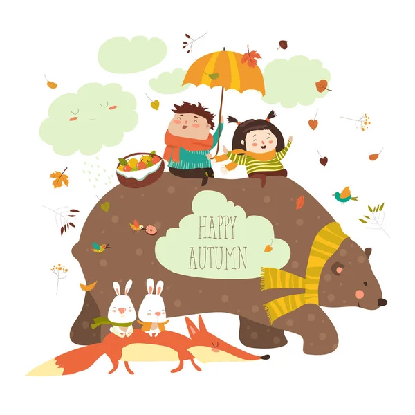 Щасливі діти з ведмедем і лисицею — стоковий вектор