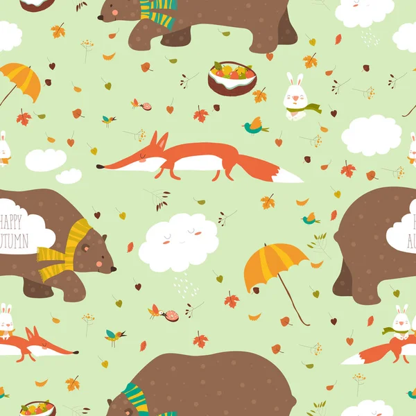 Autumn forest seamless pattern with cute animals — Stock Vector