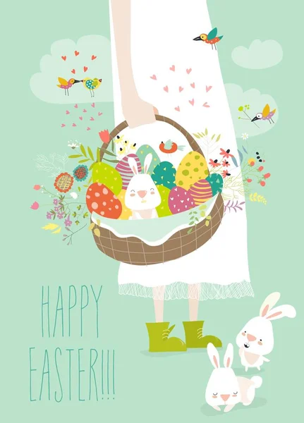 Chica celebración cesta con huevos de Pascua — Vector de stock