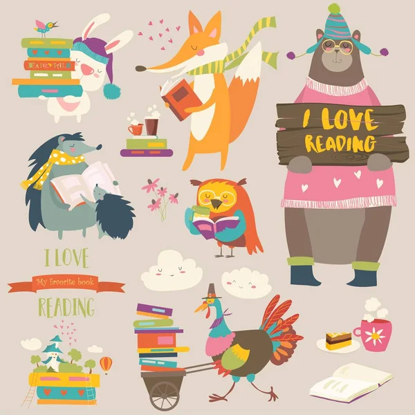 Conjunto de animales de dibujos animados leyendo libros — Vector de stock