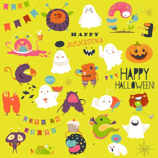 Rolig tecknad spöken och monster halloween — Stock vektor