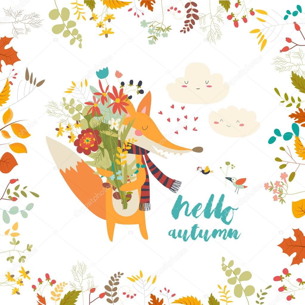 Lovely autumn card with a fox and flowers