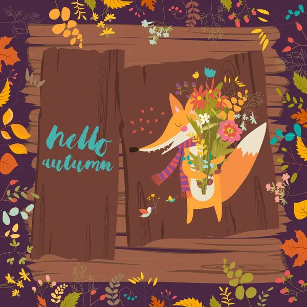 Indah kartu musim gugur dengan rubah dan bunga - Stok Vektor