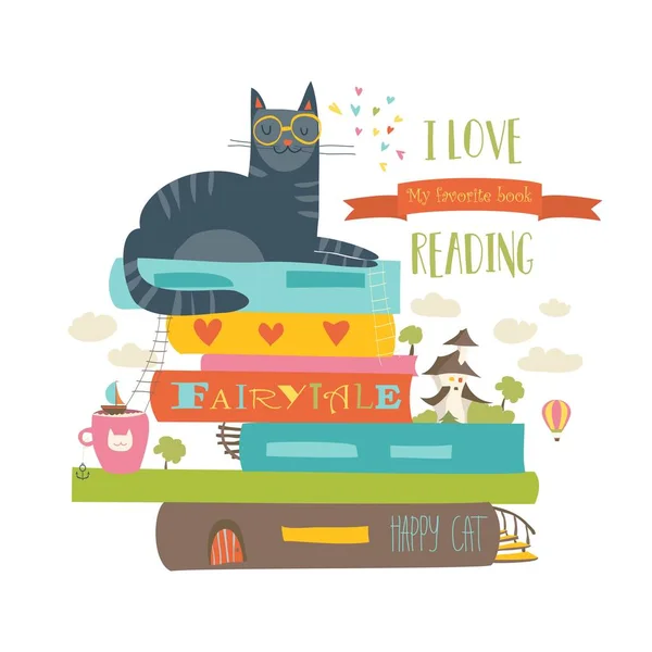 Concetto fiabesco con libro e gatto — Vettoriale Stock