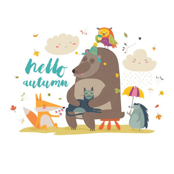 Hello autumn background with cute animals