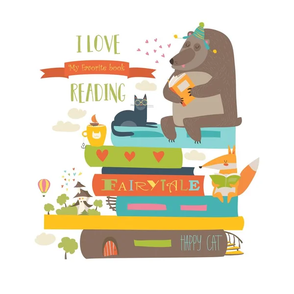 Χαριτωμένα κινούμενα σχέδια ζώων ανάγνωση βιβλίων — Διανυσματικό Αρχείο