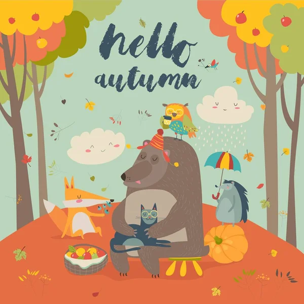 Hola fondo de otoño con animales lindos — Archivo Imágenes Vectoriales