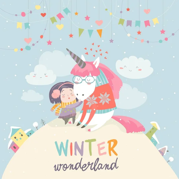 Cute girl hugging unicorn. Winter wonderland — Stock Vector