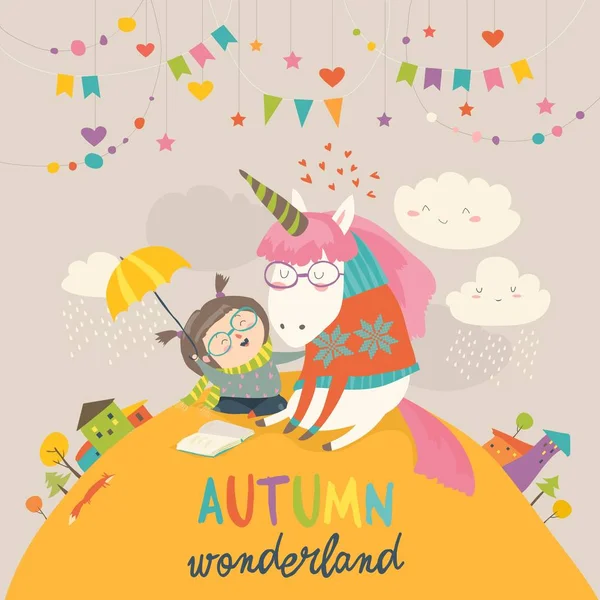 Schattig meisje knuffelen Eenhoorn. Herfst wonderland — Stockvector