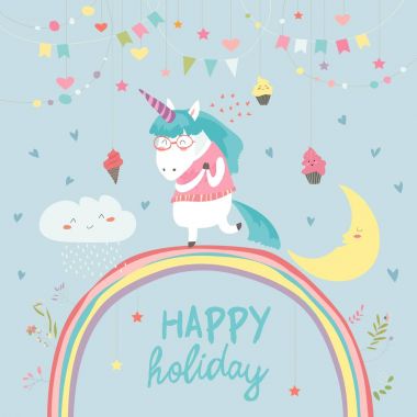 Gökkuşağının üzerinde yürüme şirin tek boynuzlu at