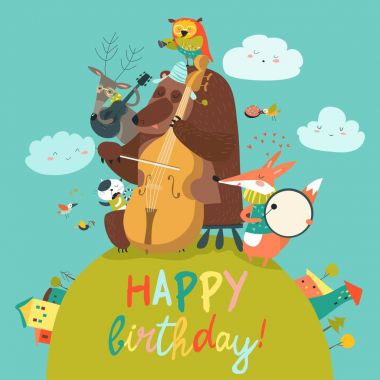 Şirin doğum günü kartı ile hayvan ve müzik