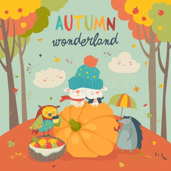 Hola fondo de otoño con animales lindos — Vector de stock