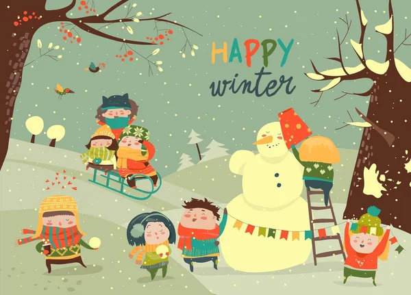 Cute kids playing winter games — Stock Vector