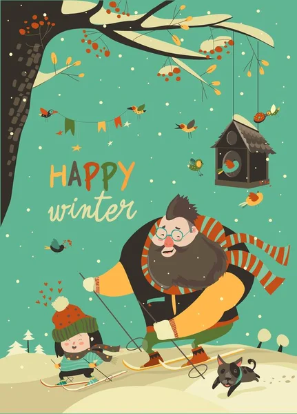 Mutlu baba ve kız karda Kayak — Stok Vektör