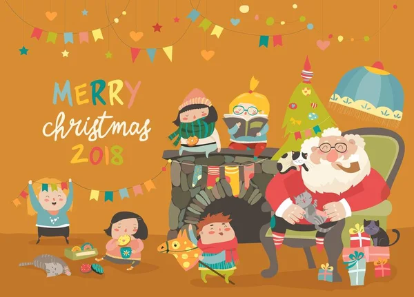 Dibujos animados Santa Claus con niños y regalos — Vector de stock