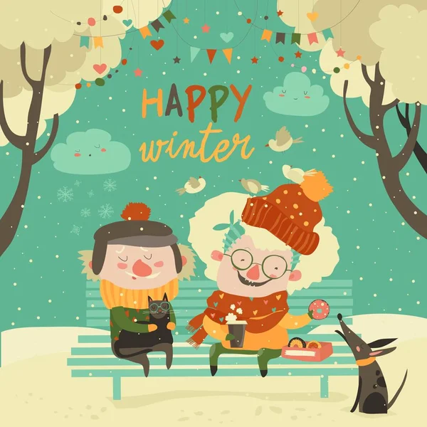 Funny grandmother and grandfather sitting with cat and dog in winter park — Stock Vector