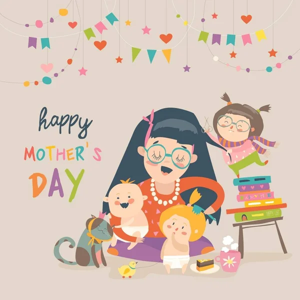 Happy mother with her children — Stock Vector