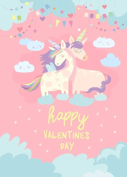 Linda tarjeta con unicornios de hadas en el amor — Vector de stock