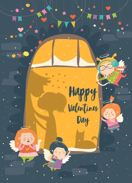 Carte Saint-Valentin avec Cupidon et couple — Image vectorielle