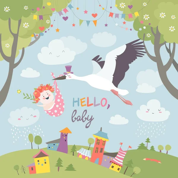 Stork bird with baby — Stock Vector
