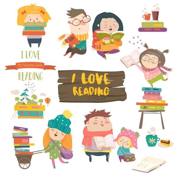 Conjunto de dibujos animados niños leyendo libros — Vector de stock